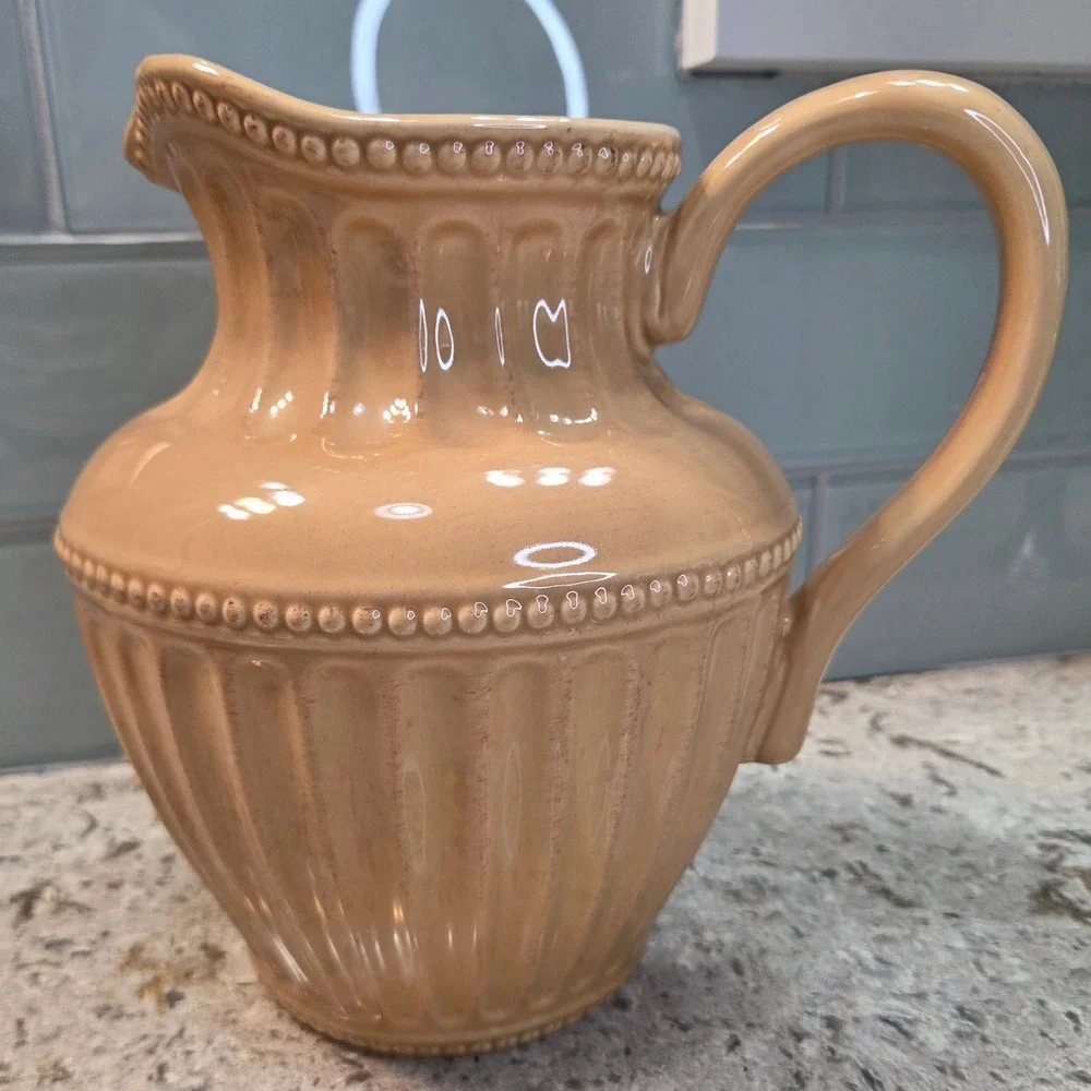 Retired Homestead by At Home America Gold Ceramic Pitcher Beaded Farmhouse Decor